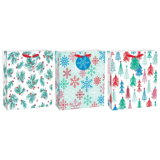Holly, Tree, Snowflake Square Gift Bags, 3pc {1}