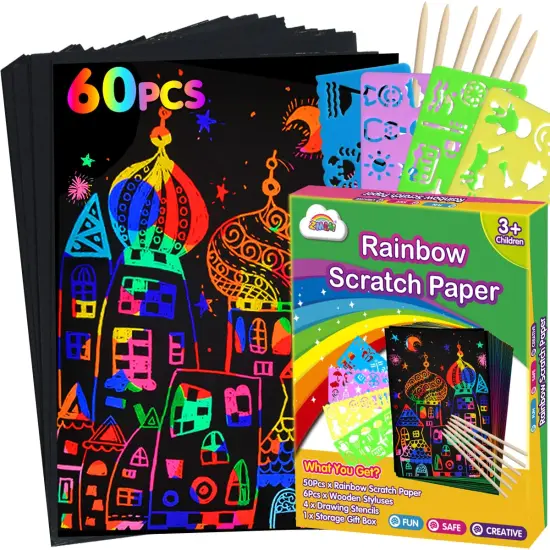 Scratch Paper Art Set: 60 Pieces Magic Drawing Art Craft Kid Black Scratch Off Paper Supply Kit Toddler Preschool Learning Bulk Toy for Age 3 4 5 6 7 8 9 10 Girl Boy Christmas Birthday Party Gift {2}