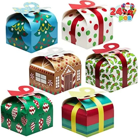 JOYIN 24 PCS 3D Christmas Goody Gift Boxes with Bow for Holiday Xmas Goodie Paper Boxes, School Classroom Party Favor Supplies, Candy Treat Cardboard Cookie Boxes {1}