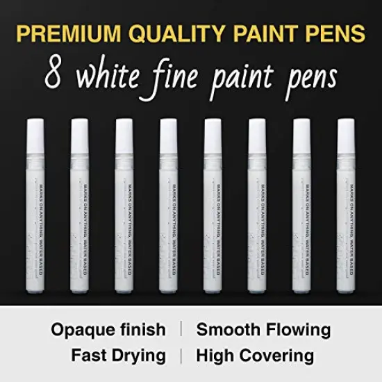 White Paint Pen for Art - 8Pack Acrylic White Paint Marker for Rock Painting, Stone, Wood, Canvas, Glass, Metal, Metallic, Ceramic, Tire, Graffiti, Paper, Drawing, Highlight Water-Based Paint Sets {2}