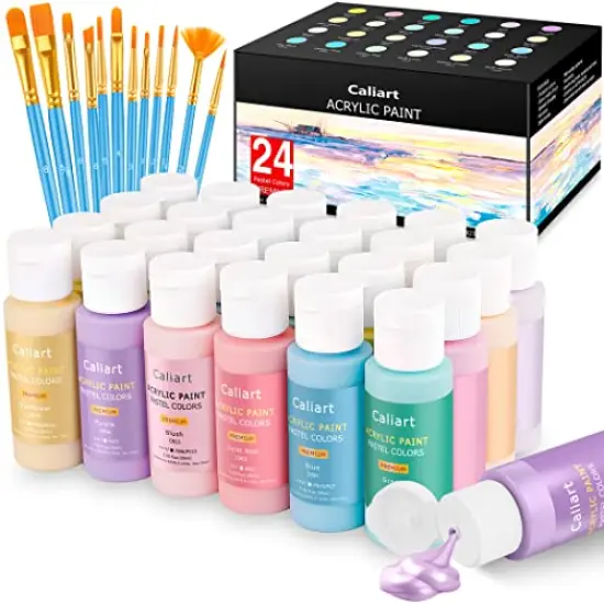Pastel Acrylic Paint Set with 12 Brushes, 24 Pastel Colors (59ml, 2oz) Art Craft Paint for Artists Students Kids Beginners, Halloween Decorations Canvas Ceramic Wood Rock Painting Supplies Kit {1}