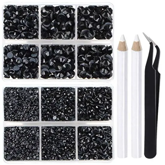 6400 Pieces Hotfix Rhinestones Black Flat Back 5 Mixed Sizes Crystal Round Glass Gems with Tweezers and Picking Rhinestones Pen {1}