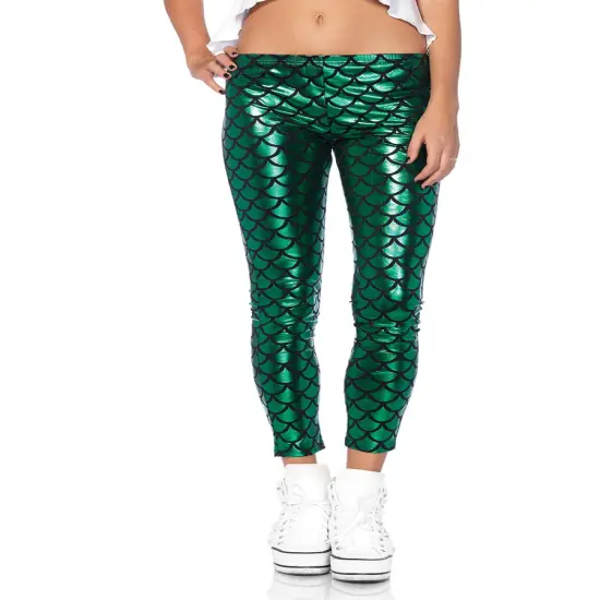Womens Hipster Mermaid Fish Scale Print Green Leggings {1}
