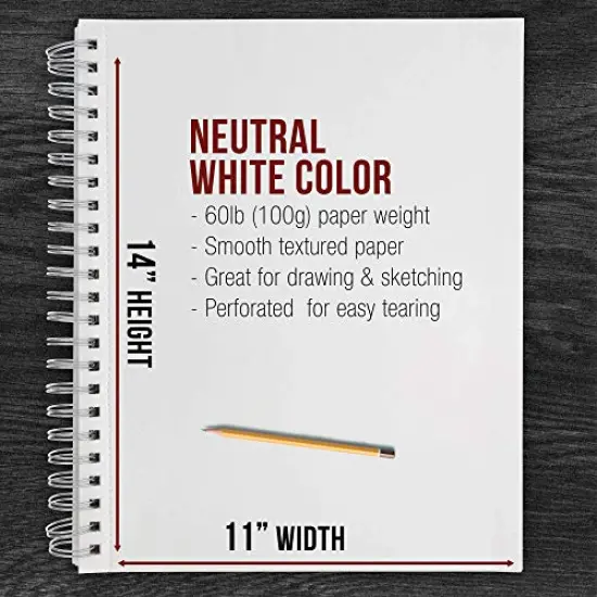 11" x 14" Sketch Book Pad, Pack of 2, 100 Sheets Each, 60lb (100gsm) - Spiral Bound Artist Sketching Drawing Paper Pad, Acid-Free - Graphite Colored Pencils, Charcoal - Adults Students {4}