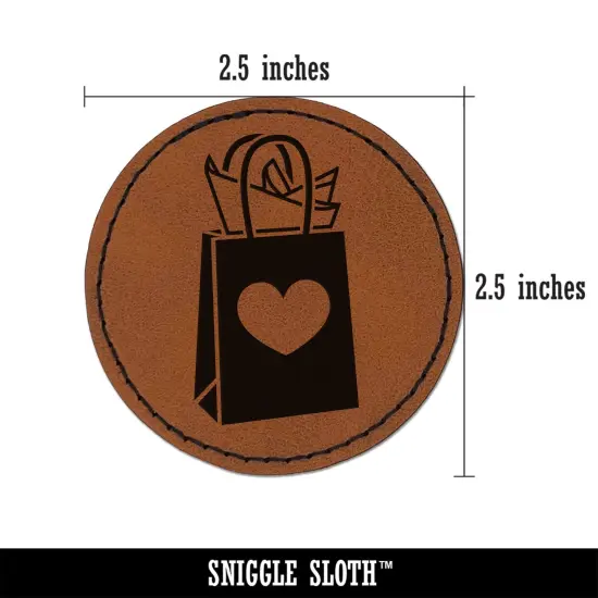 Gift Bag Heart Present Round Iron-On Engraved Faux Leather Patch Applique - 2.5" Brown {3}