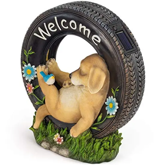 Welcome Puppy Dog Solar Powered LED Outdoor Decor Garden Light Outdoor Decor Garden Light Welcome Chillax Puppy Statues Outdoor Funny Figurine Decor for Outside Patio, Yard, Lawn {4}