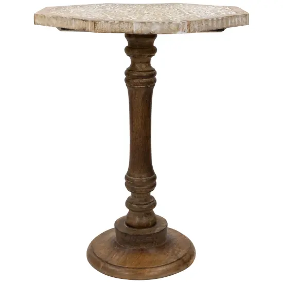Northlight 21" Wooden Brushed White Engraved Paisley Octagonal Pedestal Side Table Beige {4}