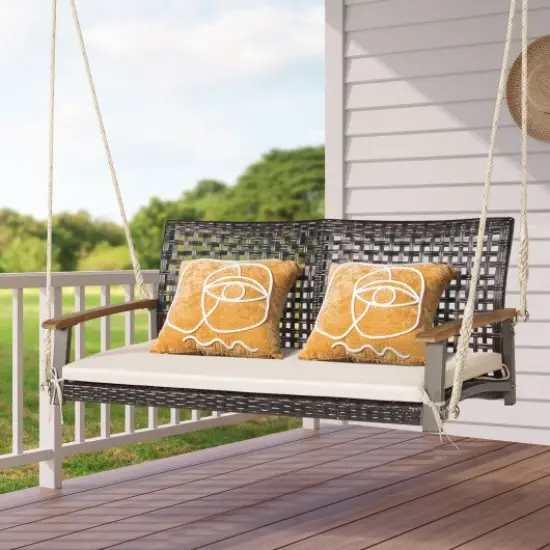 2-Person Rattan Hanging Porch Swing Chair Off White {2}