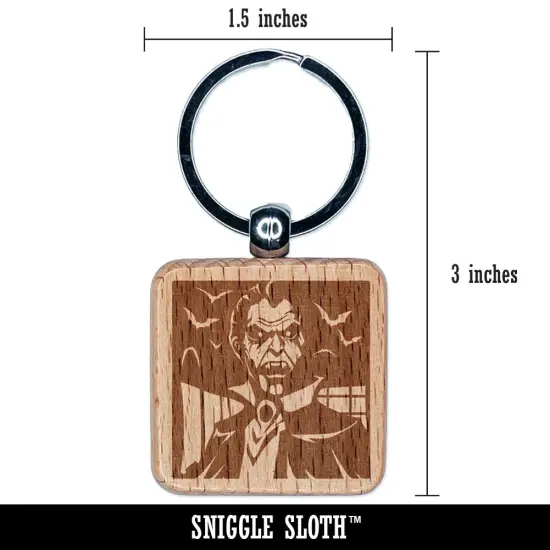 Dracula Vampire with Bats Halloween Engraved Wood Square Keychain Tag Charm {2}