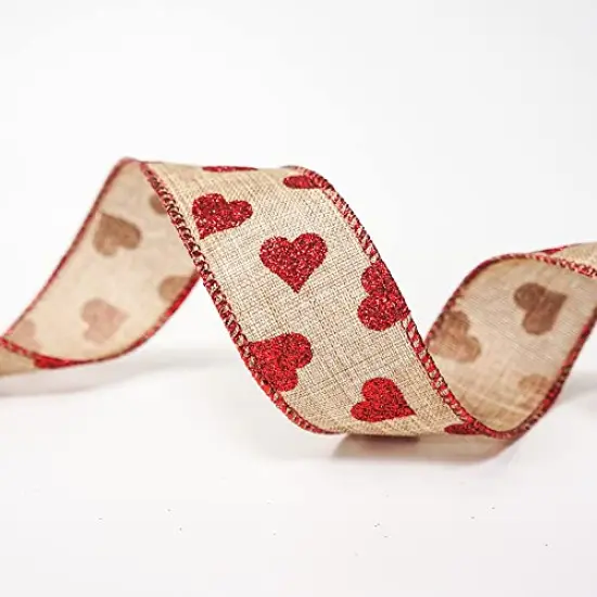 1.5" x 20 Yards x 1 Roll Faux Jute with Red Glitter Heart Wired Ribbon for Home Decor, Gift Wrapping, DIY Crafts {4}