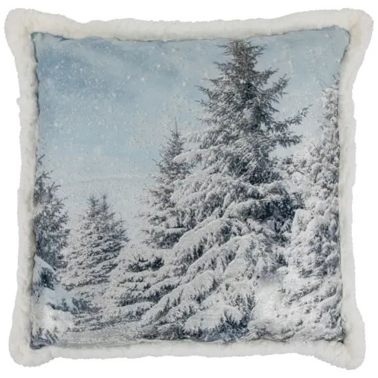 Northlight 18" Sky Blue Winter Forest Scene Square Christmas Throw Pillow with High Pile Fleece Back {1}