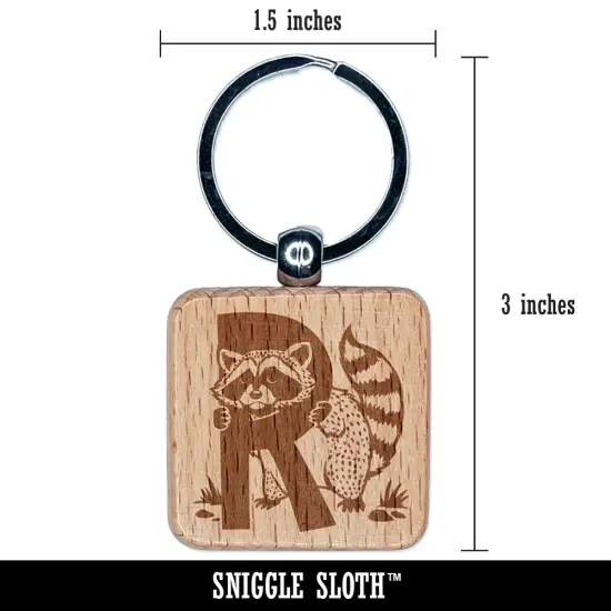 Animal Alphabet Letter R for Raccoon Engraved Wood Square Keychain Tag Charm {2}