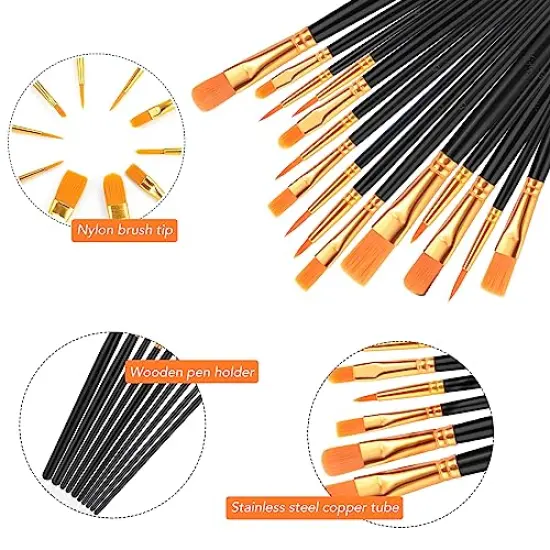 Acrylic Paint Brush Set, (20 Packs /200 pcs) Nylon Hair Brushes for Oil and Watercolor, Perfect Suit of Art Painting, Best Gift for Painting, Black {6}