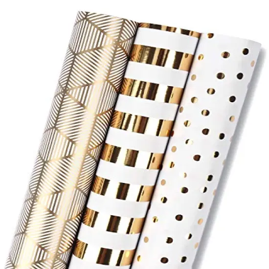 Wrapping Paper Roll for Birthday - Mini Roll - 17 inch X 120 inch Per roll - White & Gold Foil Design (42.3 sq.ft.ttl) {2}