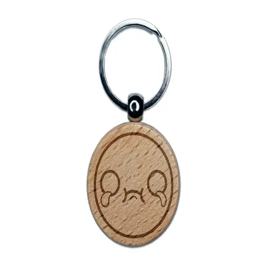 Kawaii Cute Crying Face Engraved Wood Round Keychain Tag Charm {1}