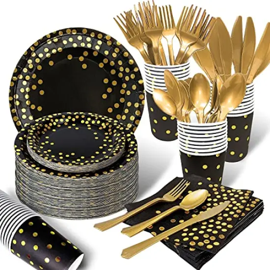 175 Pieces Black and Gold Party Supplies, Severs 25 Disposable Party Dinnerware Gold Plastic Forks Knives Spoons and Golden Dot Black Paper Plates Black Napkins Cups for New Years Graduation Birthday {2}