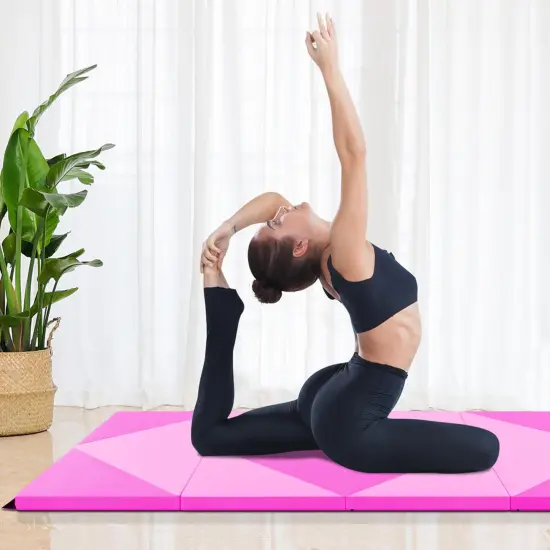 Costway Folding Gymnastics Mat 8' x 4' x 2'' PU Leather Tumbling Exercise Mat Yoga Gym Light Pink+Black/Blue+Black/Pink+Purple/Pink+Black/Pink+Blue/Pink {2}