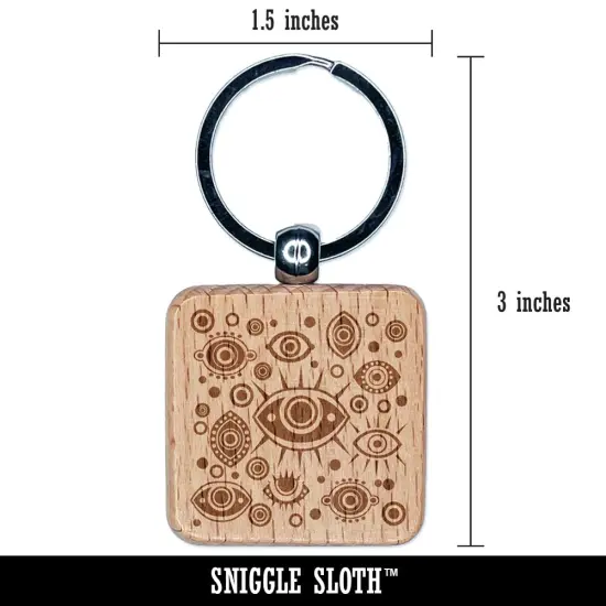Nazar Evil Eye Hamsa Curse Protection Symbol Engraved Wood Square Keychain Tag Charm {2}
