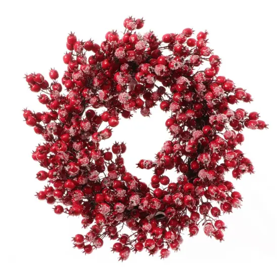 22" Iced Red Hawthorn Berry Wreath Realistic Faux Berries &ndash; Festive D&eacute;cor by Floral Home&reg; {1}