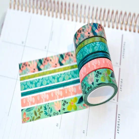 Spring Floral Blue and Green Whimsical Washi Tape Set - W044 {2}