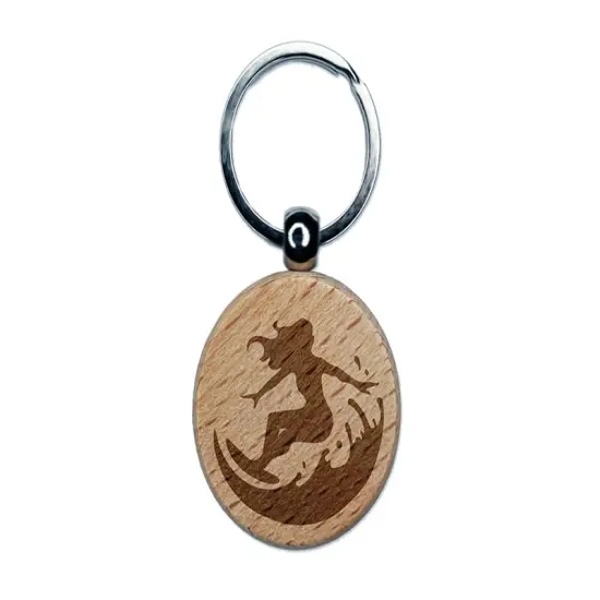 Surfing Surfer Girl on Wave Engraved Wood Round Keychain Tag Charm {1}