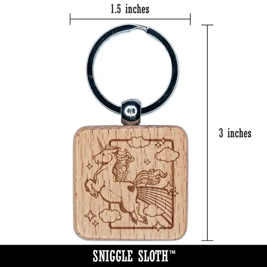 Magical Unicorn Pooping Rainbow and Stars Engraved Wood Square Keychain Tag Charm {2}