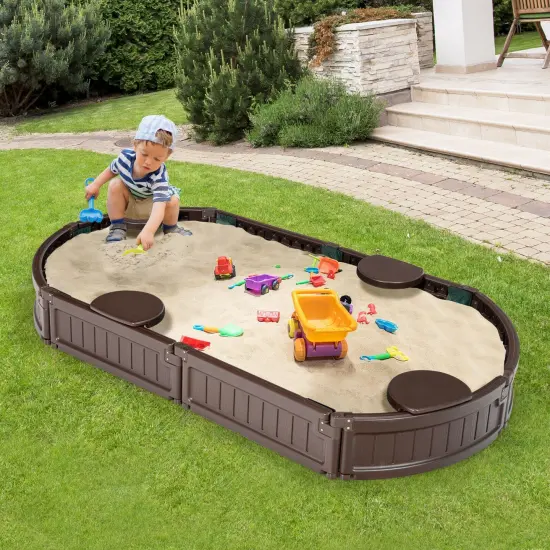 Sandbox with Built-in Corner Seat and Bottom Liner-Brown {1}
