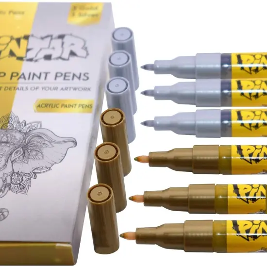 Pintar Acrylic Paint Markers - Pack of 6 Gold & Silver with 0.7 mm Tips {2}