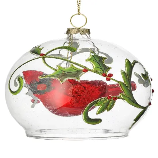 4"GLASS CARDINAL IN HOLLY VINE BALL ORNAMENT {1}