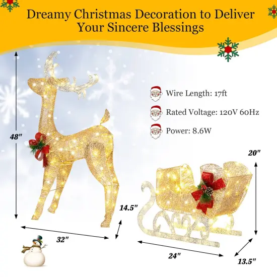 Christmas Reindeer Sleigh Decoration with 100 Lights-Golden {4}