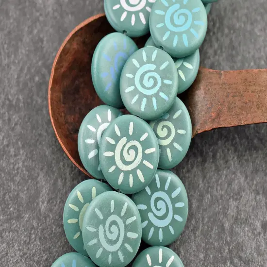 *8* 17mm Opaque Satin Turquoise AB Laser Tattoo Sun Coin Beads {1}