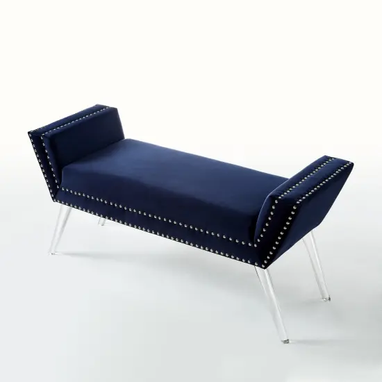 Lexi Velvet Nailhead Trim Acrylic Leg Ottoman Bench Navy {2}