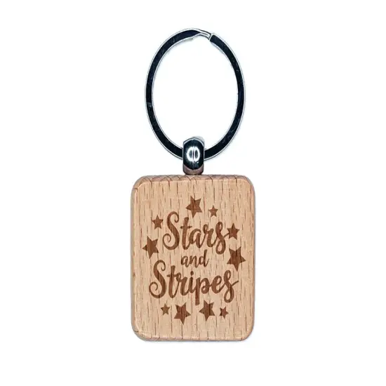 Stars and Stripes Script with Stars Engraved Wood Square Keychain Tag Charm {1}