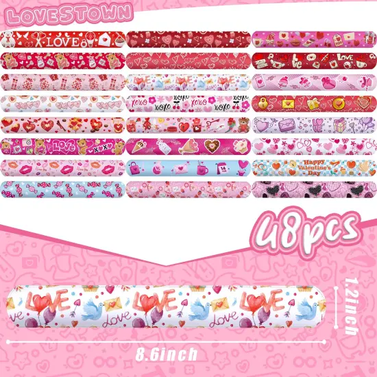 48 Pieces Valentines Day Slap Bracelets, Red Slap Wristbands Assorted Valentine Snap Bracelets for Kids Gift Exchange Valentine Party Favors {1}