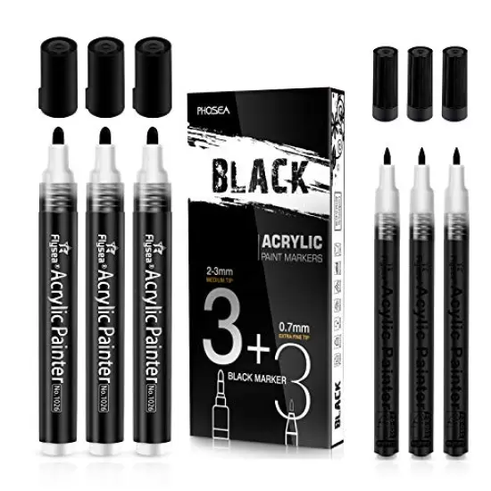 Black Acrylic Paint pens (6 Pack) Variety Pack - Extra Fine 0.7MM & Medium Tip 2-3MM - Water Based Paint Markers for Rock Painting, Stone, Ceramic, Glass, Wood, Canvas (BLACK) {1}