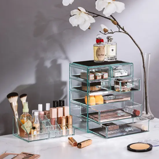 Sorbus Medium Makeup Organizer Set - (3 Large / 4 Small Drawers/Top Tray) Teal {2}