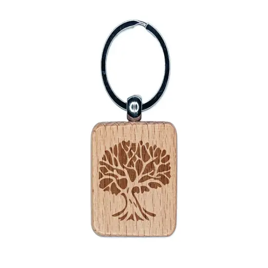 Tree with Exposed Branches and Leaves Engraved Wood Square Keychain Tag Charm {1}