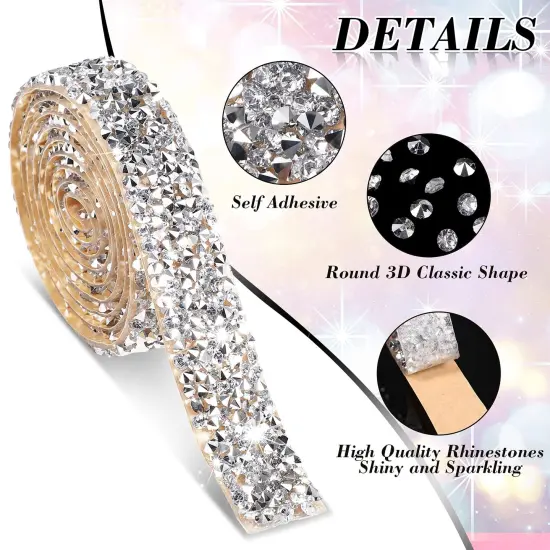 5 Rolls Crystal Rhinestone Ribbon Shiny Resin Diamond Self-Adhesive Bling Ribbon for Arts Crafts DIY Party Decor(Silver,Basic Style) {6}