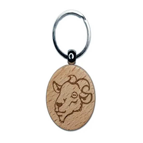 Goat Head Engraved Wood Round Keychain Tag Charm {1}