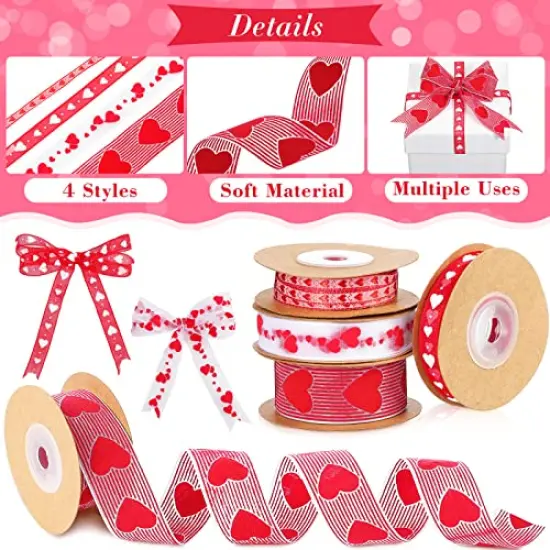 4 Rolls Valentine's Day Wired Ribbon Heart Wired Edge Ribbon Printed Heart Ribbon Polyester Wrapping Ribbon for DIY Craft Wrapping Wedding Valentine's Day Decoration, 11 Yards, 5.5 Yards {6}