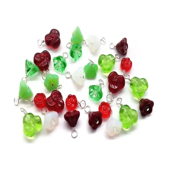 Flower Charms in Christmas Colors, 15 pieces, Glass Flower Bead Dangles in Green & Red, MM5-04 Adorabilities {2}