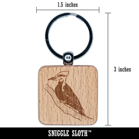 Pileated Woodpecker Bird on Branch Engraved Wood Square Keychain Tag Charm {2}