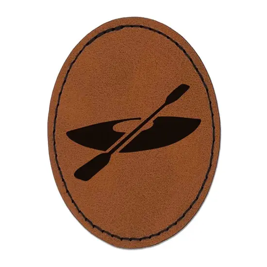Kayak with Paddle Round Iron-On Engraved Faux Leather Patch Applique - 2.5" Brown {1}