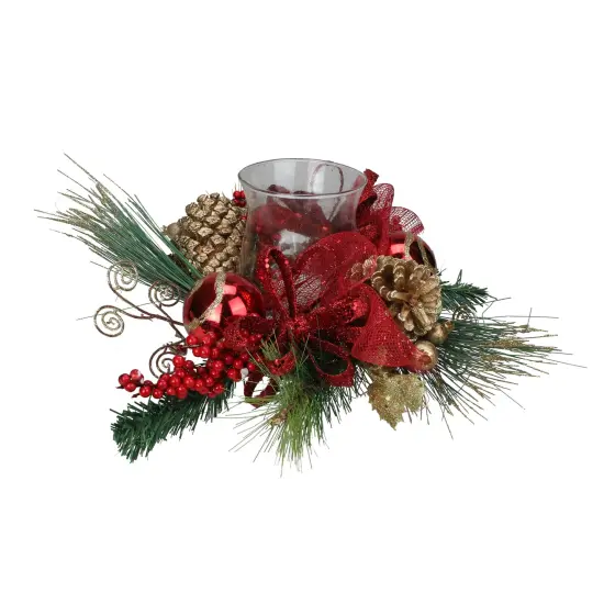 Northlight 18" Pine Sprigs and Glittered Berries Christmas Hurricane Candle Holder Red {1}