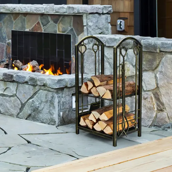 Fireplace Log Rack with 4 Tools Set Fireside Firewood Holder Bronze {2}
