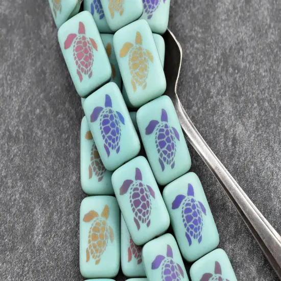 *6* 18x12mm Satin Matte Turquoise Sliperit Laser Tattoo Rectangle Turtle Beads {3}