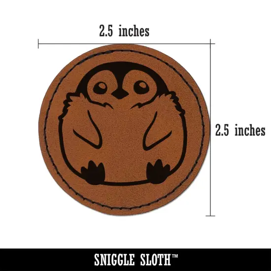 Cute Fluffy Baby Penguin Round Iron-On Engraved Faux Leather Patch Applique - 2.5" Brown {3}