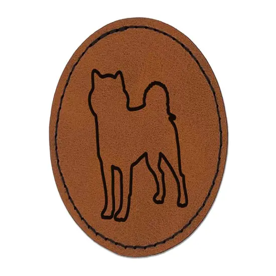 Shiba Inu Dog Outline Round Iron-On Engraved Faux Leather Patch Applique - 2.5" Brown {1}