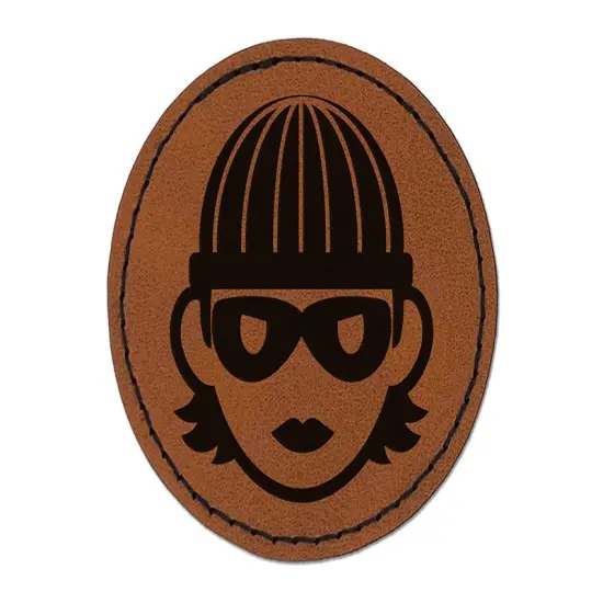 Occupation Thief Burglar Criminal Woman Icon Round Iron-On Engraved Faux Leather Patch Applique - 2.5" Brown {1}