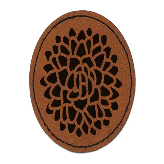 Beautiful Dahlia Flower Round Iron-On Engraved Faux Leather Patch Applique - 2.5" Brown {1}